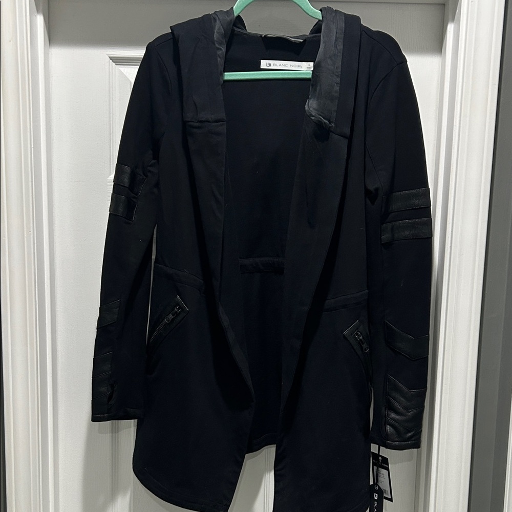 Black Hooded BLANC NOIR Jacket with Leather Accents & Hood **Brand New**